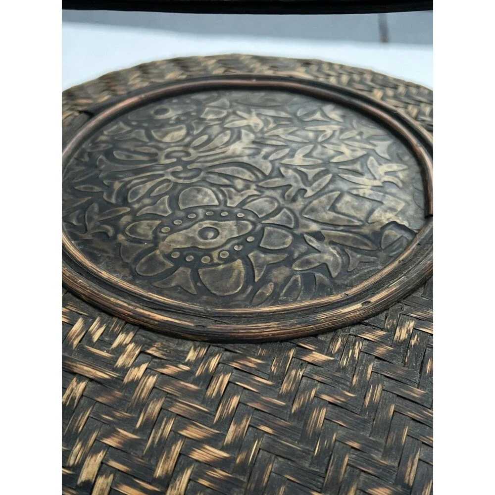 1900 Chinese 2-Tier Woven Bamboo Wedding Basket Metal Floral Medallion